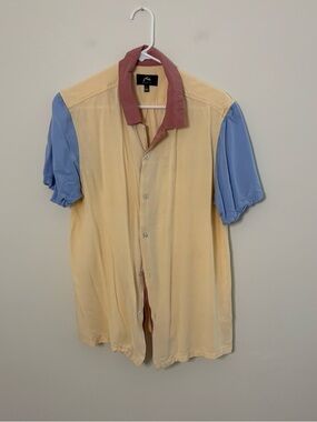 Rusty Men’s Large Casual Rayon Short Sleeve Beach Shirt Yellow Blue Button